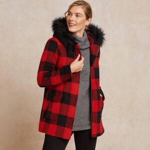Talbots Red Black Wool Blend Buffalo Check Faux Fur Trim Coat Size 2